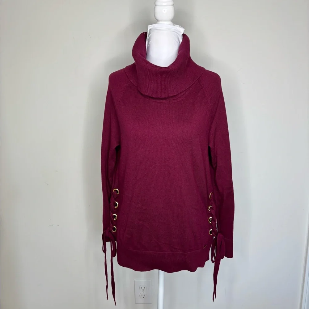 BN2 Michael Kors Women's Burgundy Sweater Side‎ Lace-Up Turtleneck